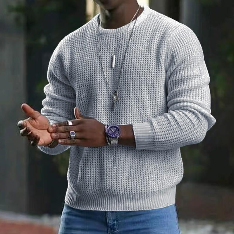 Men's Waffle Knit Sweater Long Sleeve Crewneck Casual Pullover Top