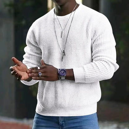 Men's Waffle Knit Sweater Long Sleeve Crewneck Casual Pullover Top