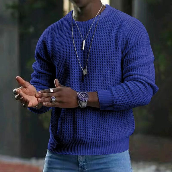 Men's Waffle Knit Sweater Long Sleeve Crewneck Casual Pullover Top