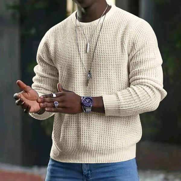 Men's Waffle Knit Sweater Long Sleeve Crewneck Casual Pullover Top