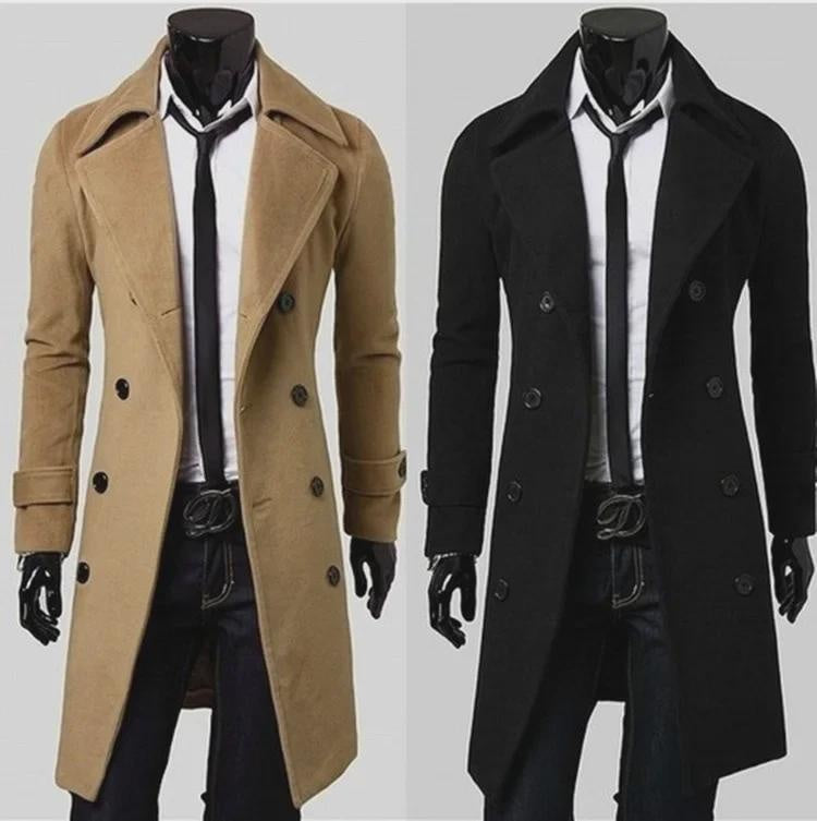 Men's Double Breasted Wool Trench Coat Long Jacket Slim Fit Casual Overcoat