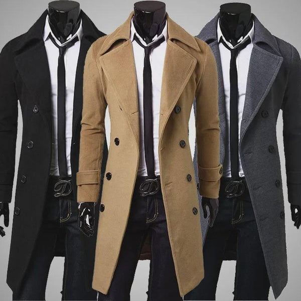 Men's Double Breasted Wool Trench Coat Long Jacket Slim Fit Casual Overcoat