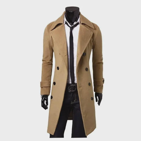 Men's Double Breasted Wool Trench Coat Long Jacket Slim Fit Casual Overcoat