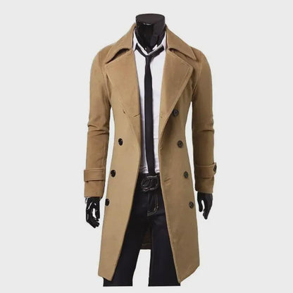 Men's Double Breasted Wool Trench Coat Long Jacket Slim Fit Casual Overcoat