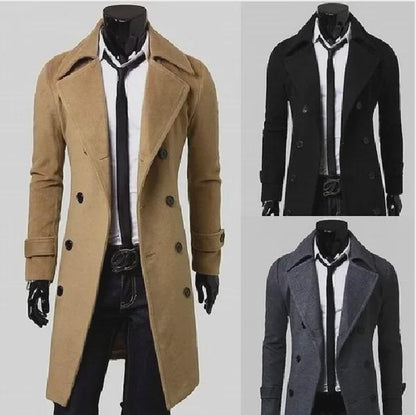 Men's Double Breasted Wool Trench Coat Long Jacket Slim Fit Casual Overcoat