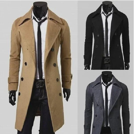 Men's Double Breasted Wool Trench Coat Long Jacket Slim Fit Casual Overcoat