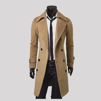 Men's Double Breasted Wool Trench Coat Long Jacket Slim Fit Casual Overcoat