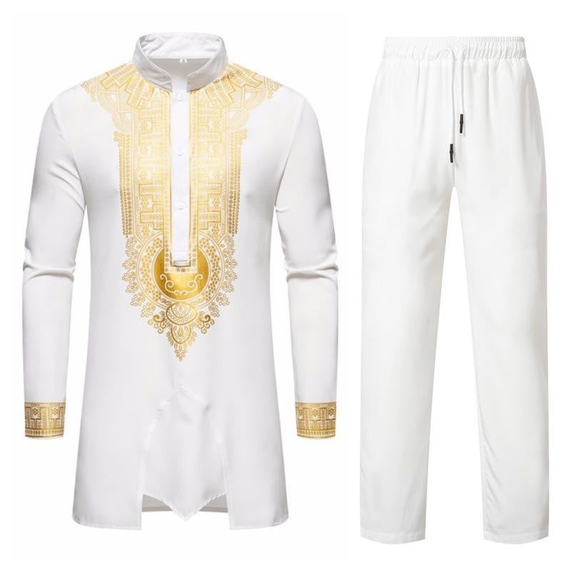 Men's African Print 2-Piece Set with Gold Foil Design Tops and Pants