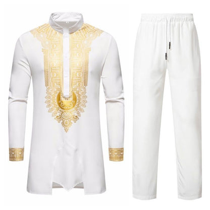 Men's African Print 2-Piece Set with Gold Foil Design Tops and Pants