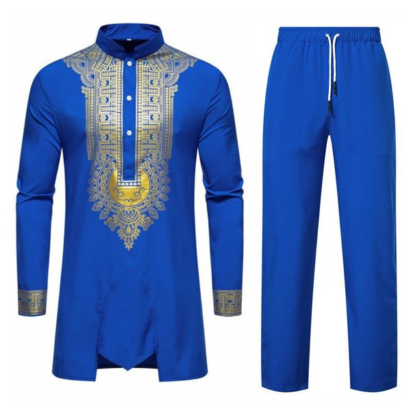 Men's African Print 2-Piece Set with Gold Foil Design Tops and Pants