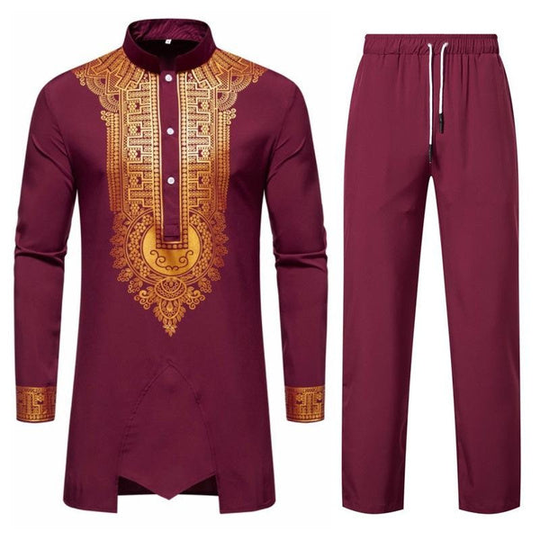 Men's African Print 2-Piece Set with Gold Foil Design Tops and Pants