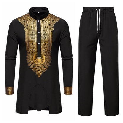 Men's African Print 2-Piece Set with Gold Foil Design Tops and Pants