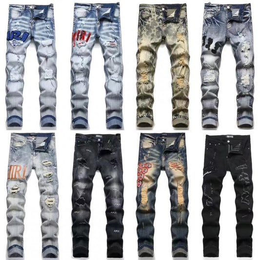 Vintage Patchwork Ripped Denim Jeans for Men with Embroidery, Slim Fit Stretch Tapered Pants