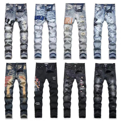 Vintage Patchwork Ripped Denim Jeans for Men with Embroidery, Slim Fit Stretch Tapered Pants