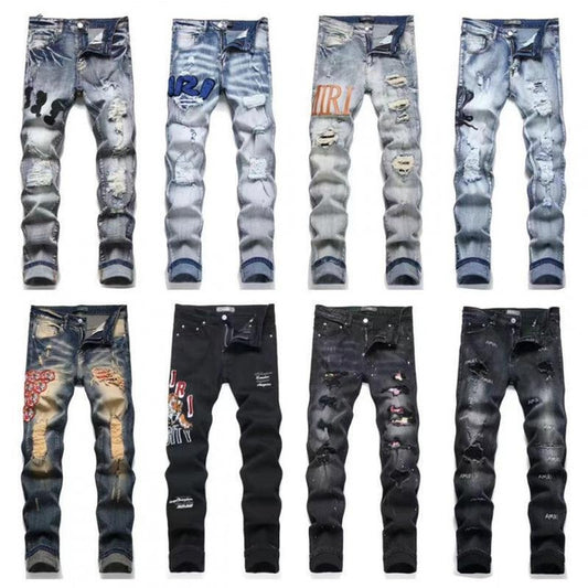 Vintage Patchwork Ripped Denim Jeans for Men with Embroidery, Slim Fit Stretch Tapered Pants