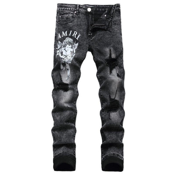 Vintage Patchwork Ripped Denim Jeans for Men with Embroidery, Slim Fit Stretch Tapered Pants