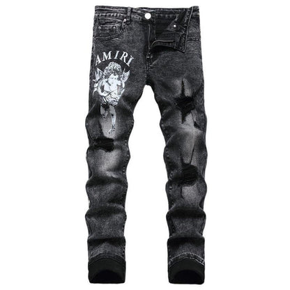 Vintage Patchwork Ripped Denim Jeans for Men with Embroidery, Slim Fit Stretch Tapered Pants