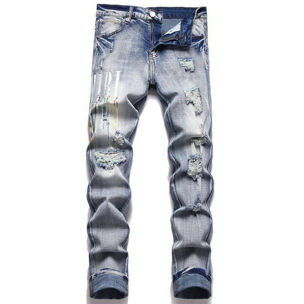 Vintage Patchwork Ripped Denim Jeans for Men with Embroidery, Slim Fit Stretch Tapered Pants