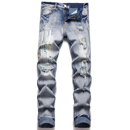 Vintage Patchwork Ripped Denim Jeans for Men with Embroidery, Slim Fit Stretch Tapered Pants