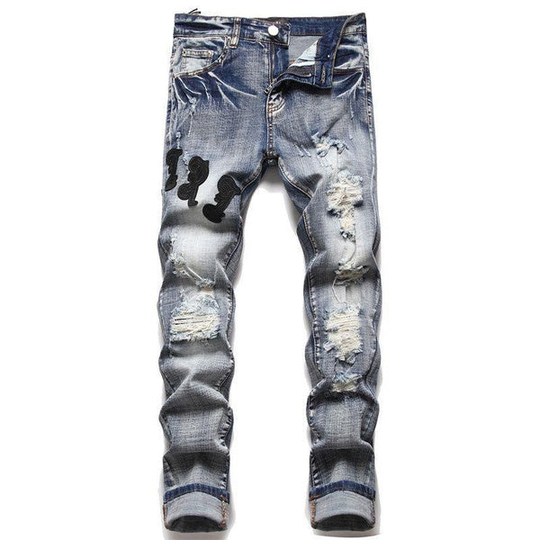 Vintage Patchwork Ripped Denim Jeans for Men with Embroidery, Slim Fit Stretch Tapered Pants