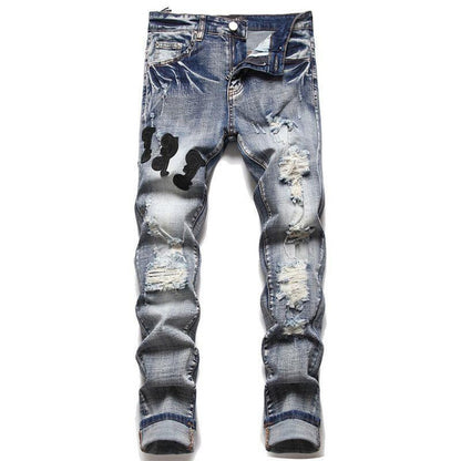 Vintage Patchwork Ripped Denim Jeans for Men with Embroidery, Slim Fit Stretch Tapered Pants