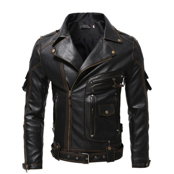 Vintage Leather Jacket for Men with Multiple Pockets – Stylish Retro Outerwear Coat