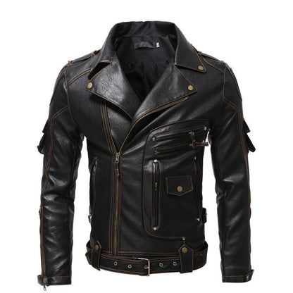 Vintage Leather Jacket for Men with Multiple Pockets – Stylish Retro Outerwear Coat