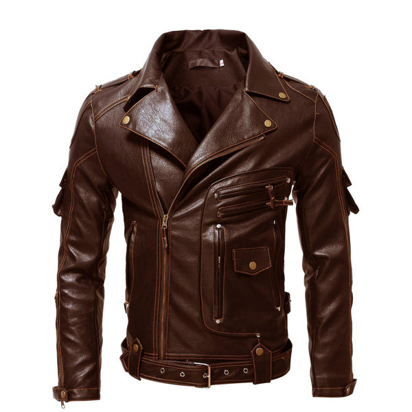 Vintage Leather Jacket for Men with Multiple Pockets – Stylish Retro Outerwear Coat