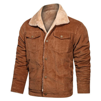 Men's Sherpa Lined Corduroy Jacket with Multiple Pockets, Thick Warm Fleece Lining, Relaxed Fit, Turn-Down Collar