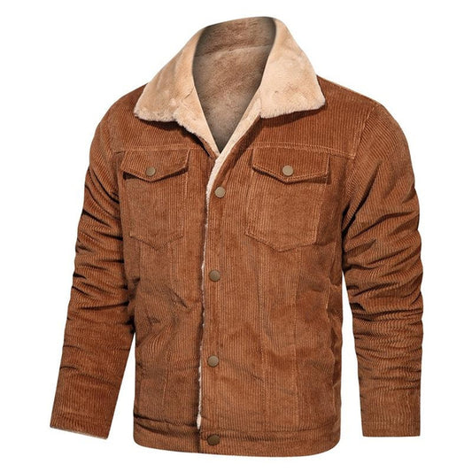 Men's Sherpa Lined Corduroy Jacket with Multiple Pockets, Thick Warm Fleece Lining, Relaxed Fit, Turn-Down Collar