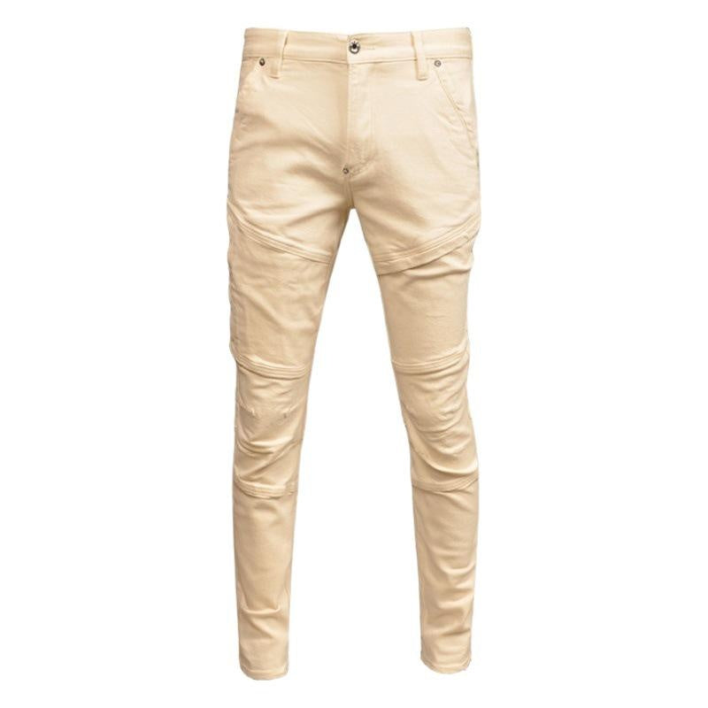 Men's White Skinny Jeans Stretch Slim Fit Motorcycle Style Distressed Denim Pants
