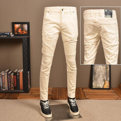 Men's White Skinny Jeans Stretch Slim Fit Motorcycle Style Distressed Denim Pants