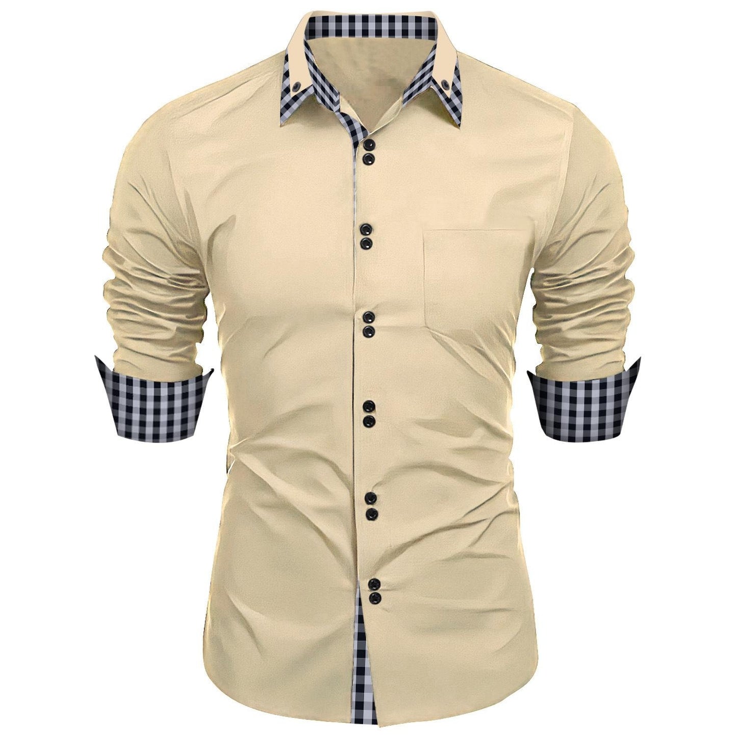 Men's Fashion Checkered Color Block Business Casual Slim Fit Long Sleeve Shirt