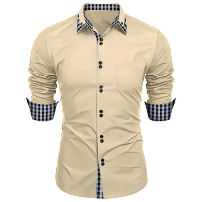 Men's Fashion Checkered Color Block Business Casual Slim Fit Long Sleeve Shirt
