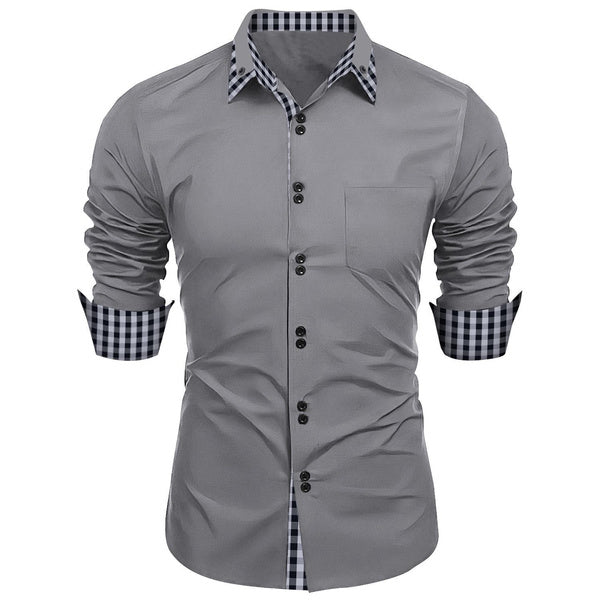 Men's Fashion Checkered Color Block Business Casual Slim Fit Long Sleeve Shirt