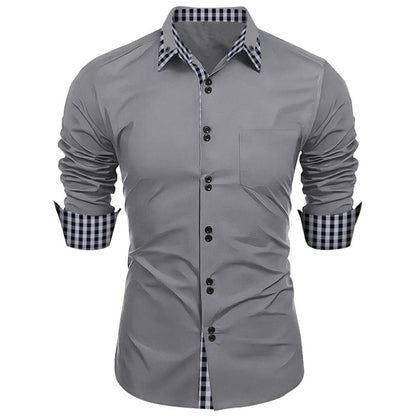 Men's Fashion Checkered Color Block Business Casual Slim Fit Long Sleeve Shirt