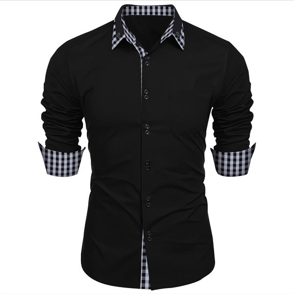 Men's Fashion Checkered Color Block Business Casual Slim Fit Long Sleeve Shirt