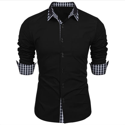 Men's Fashion Checkered Color Block Business Casual Slim Fit Long Sleeve Shirt