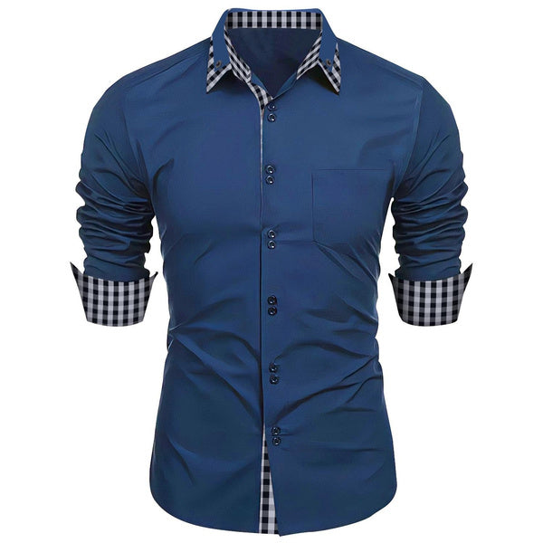 Men's Fashion Checkered Color Block Business Casual Slim Fit Long Sleeve Shirt