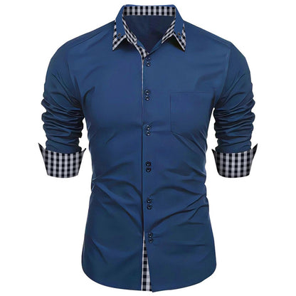 Men's Fashion Checkered Color Block Business Casual Slim Fit Long Sleeve Shirt