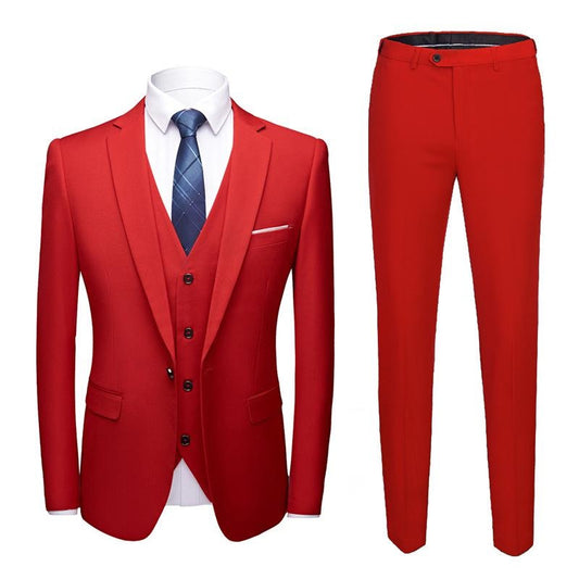 Men's Solid Color Suit Set Business Casual Wedding Groom Tuxedo Three Piece