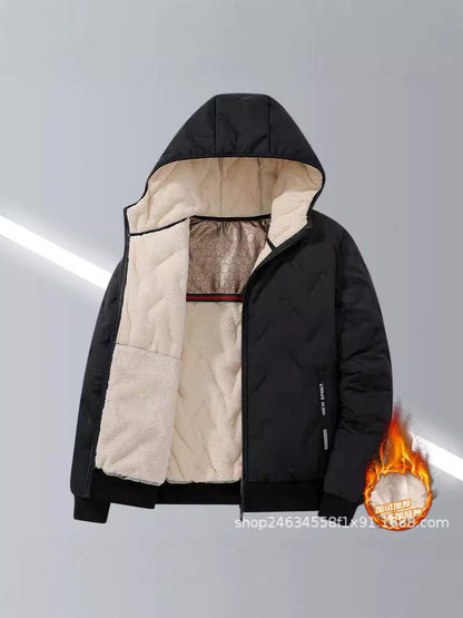 Men's Graphene Lamb Fleece Jacket Winter Warm Thermal Hooded Coat Ultrasonic Quilted Outerwear