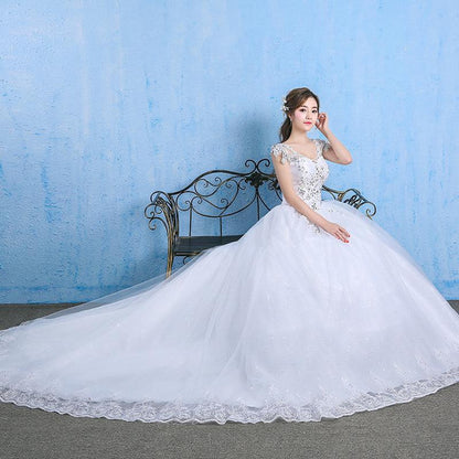 Elegant Lace Illusion Neckline Wedding Dress with Long Train, Plus Size A-Line Gown for Bride