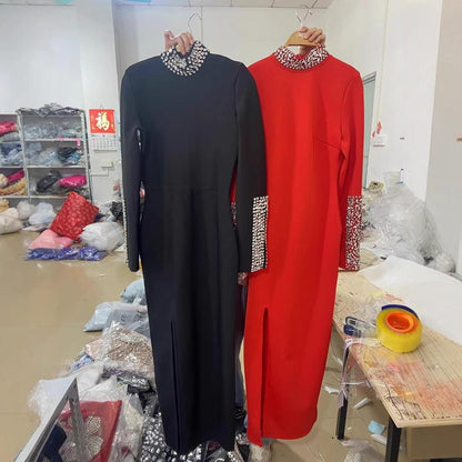 Elegant Black Long Sleeve Dress with Rhinestone & Side Slit Detail