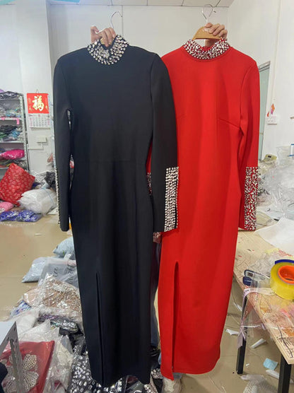 Elegant Black Long Sleeve Dress with Rhinestone & Side Slit Detail