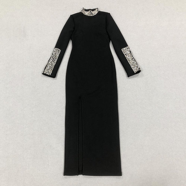 Elegant Black Long Sleeve Dress with Rhinestone & Side Slit Detail