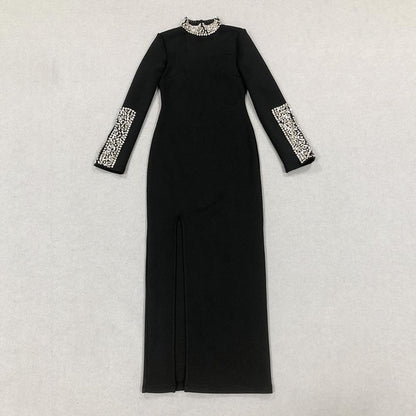 Elegant Black Long Sleeve Dress with Rhinestone & Side Slit Detail