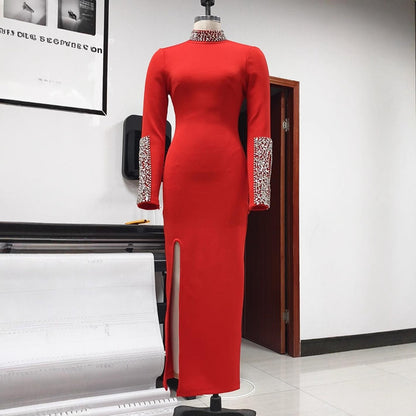 Elegant Black Long Sleeve Dress with Rhinestone & Side Slit Detail