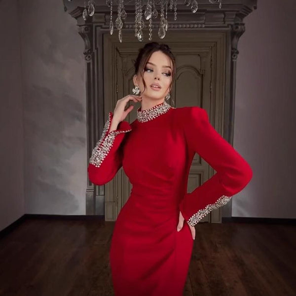 Elegant Black Long Sleeve Dress with Rhinestone & Side Slit Detail