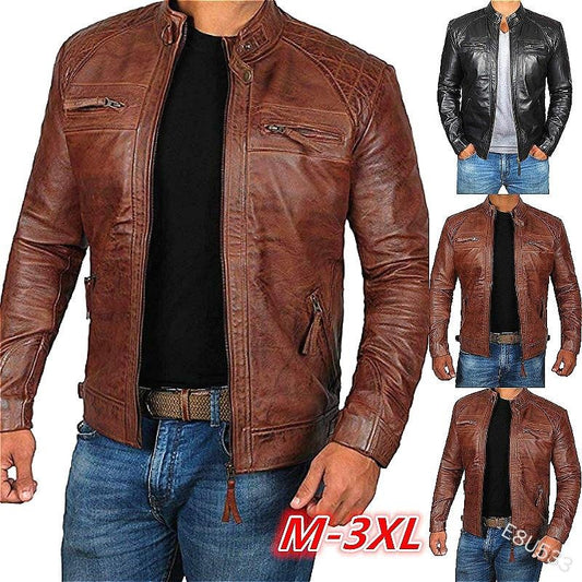Men's Genuine Leather Jacket Punk Biker Motorcycle Coat Stand Collar